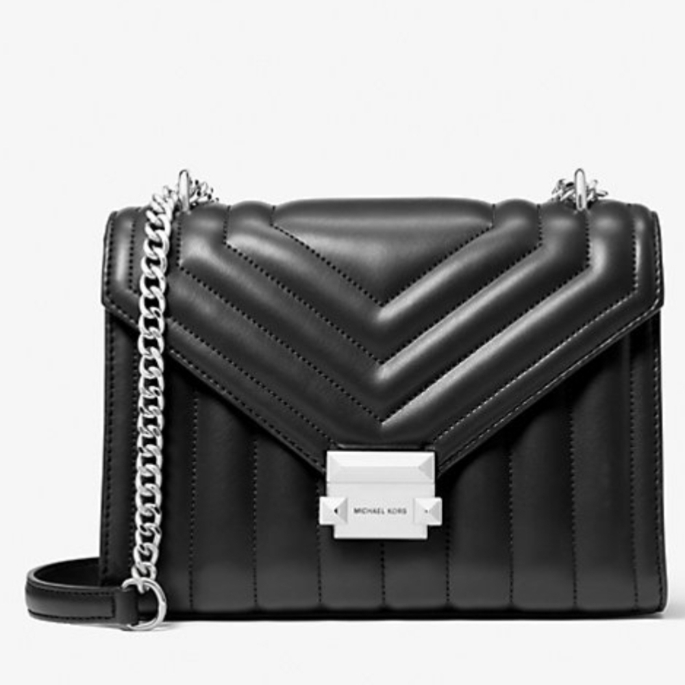 Michael Kors Whitney Medium Quilted Flap Silver-Tone Chain Shoulder Bag (Black)